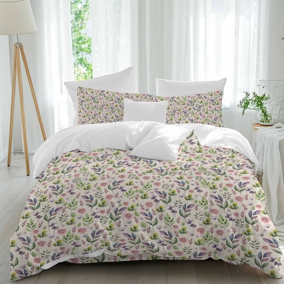Pastoral Flower Queen Size Comforter Set, Pink Flower Leaf Vintage Linen Background Bedding for All Seasons, 4 Pcs Bed Set, 1Quiltcover (90"x92") ,1Sheet(94"x116"), 2Pillowcases (30"x20")