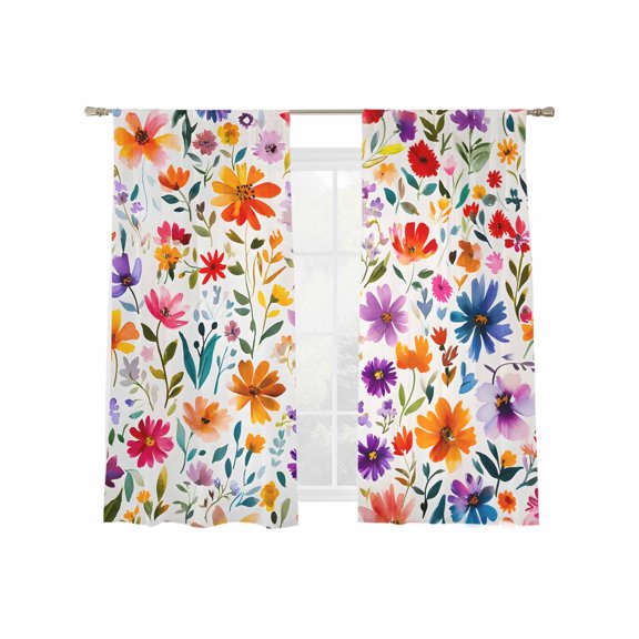 Pastoral Flower Sheer Curtains 2 Panels Set Orange Purple Flower Watercolor Leaf Sheer Window Curtains Light Filtering Rod Pocket Voile Drapes for Bedroom Living Room 52"x63"