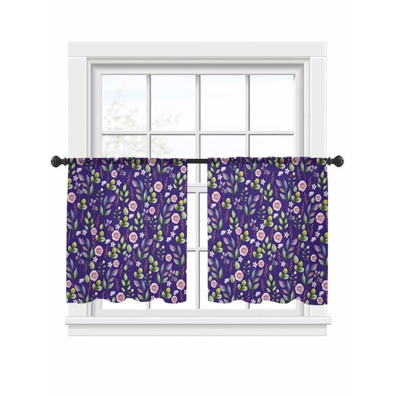 Pastoral Flower Sheer Curtains for Living Room Bedroom, Pink Flower Leaf Purple Background Light Filtering Sheer Curtain Rod Pocket Voile Window Treaments Drapes, 52 x 45 Inches