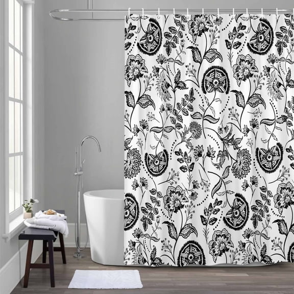 Pastoral Flower Shower Curtain for Bathroom Decor, Black Flower Farm Vintage Linen Texture Waterproof Fabric Shower Curtain, 72"x96" Set with 12 Hooks