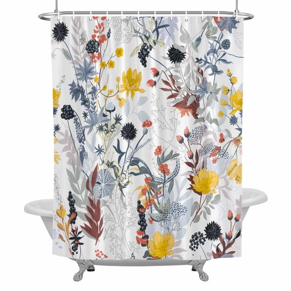 Pastoral Flower Shower Curtain for Bathroom, Yellow Flower Leaves Farm Botanical Waterproof Cloth Fabric Bathroom Accessories Set with 12 Rust Proof Plastic Hooks, 72"x96"