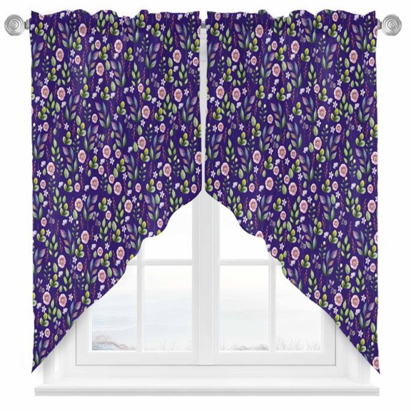Pastoral Flower Swag Kitchen Curtain Valances, Pink Flower Leaf Purple Background Rod Pocket Curtains Window Treatment Decor Valances for Bedroom Bathroom, 2 Panels 28 x 36 Inch
