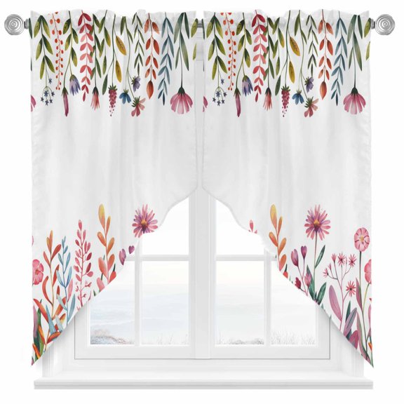 Pastoral Flower Swag Kitchen Curtain Valances, Pink Flower Watercolor Leaf Wildflower Rod Pocket Curtains Window Treatment Decor Valances for Bedroom Bathroom, 2 Panels 28 x 36 Inch