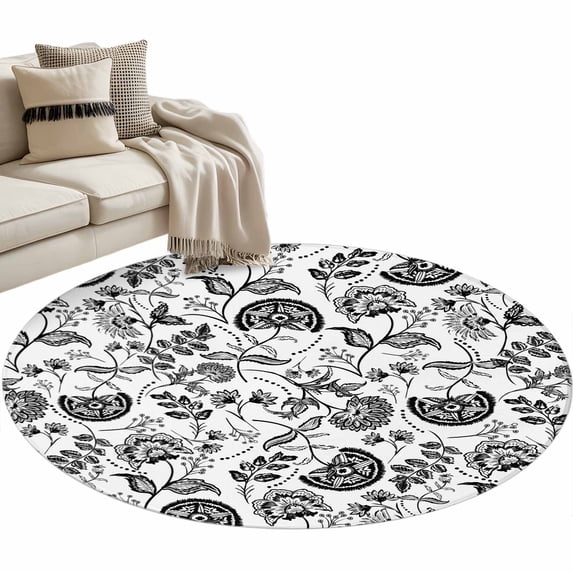 Pastoral Flower Washable Round Area Rug 3.3 ft, Black Flower Farm Vintage Linen Texture , Soft Non Slip Rugs Stain Repellent Indoor Felt Carpet for Living Dining Room Bedroom Home Office