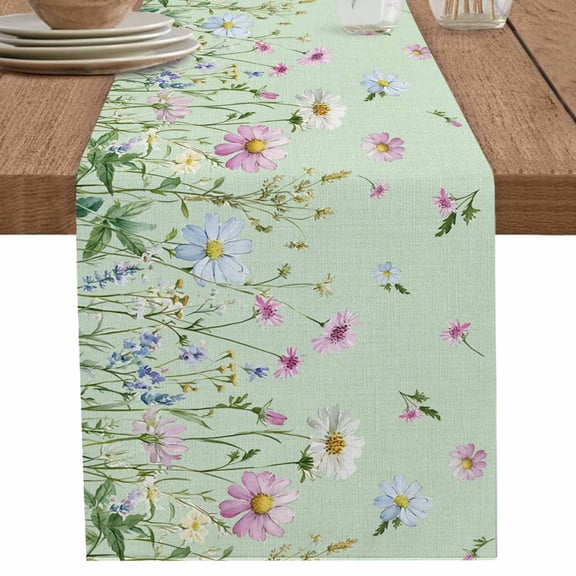 Pastoral Flower Wildflower on Green Table Runner-36 Inch Long Vintage Herbs Floral Table Runners Linen Burlap Tablerunner for Kitchen Dining Room Holiday Party