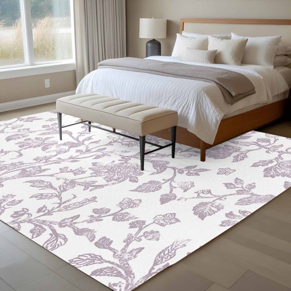 Pastoral Flowers 6x9 Rug for Dining Room Table and Chair Setup, Grey Purple Flower Farmhouse Plant Low Pile Washable Non Slip Rectangle Area Rug
