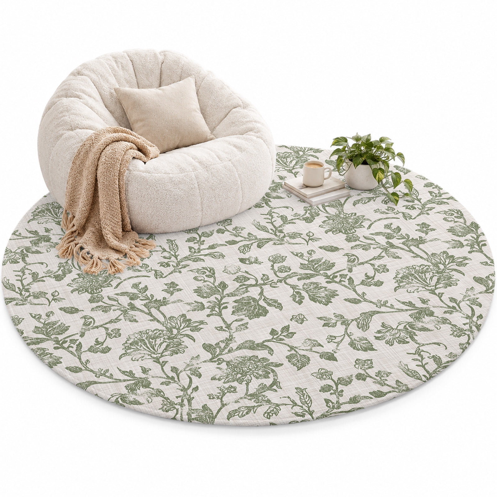 Pastoral Flowers Area Rug 5', Green Flower Vintage Linen Texture Soft ...