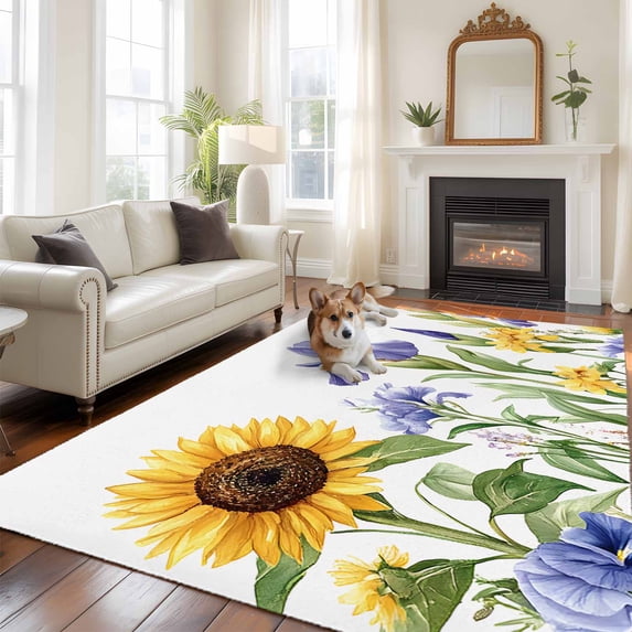 Pastoral Flowers Area Rugs 5x7 ft Spring Sunflower Plants Leaves Washable Rug Non Slip Indoor Carpet Absorbent Floor Mat for Living Room Bedroom Dining Room