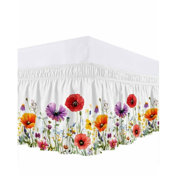 Pastoral Flowers Bed Skirt King Size 16" Drop Colorful Plants Floral Leaves Watercolor Ruffled Wrap Around Bed Skirts Adjustable Elastic Bedskirt Dust Ruffle for King Size Bed
