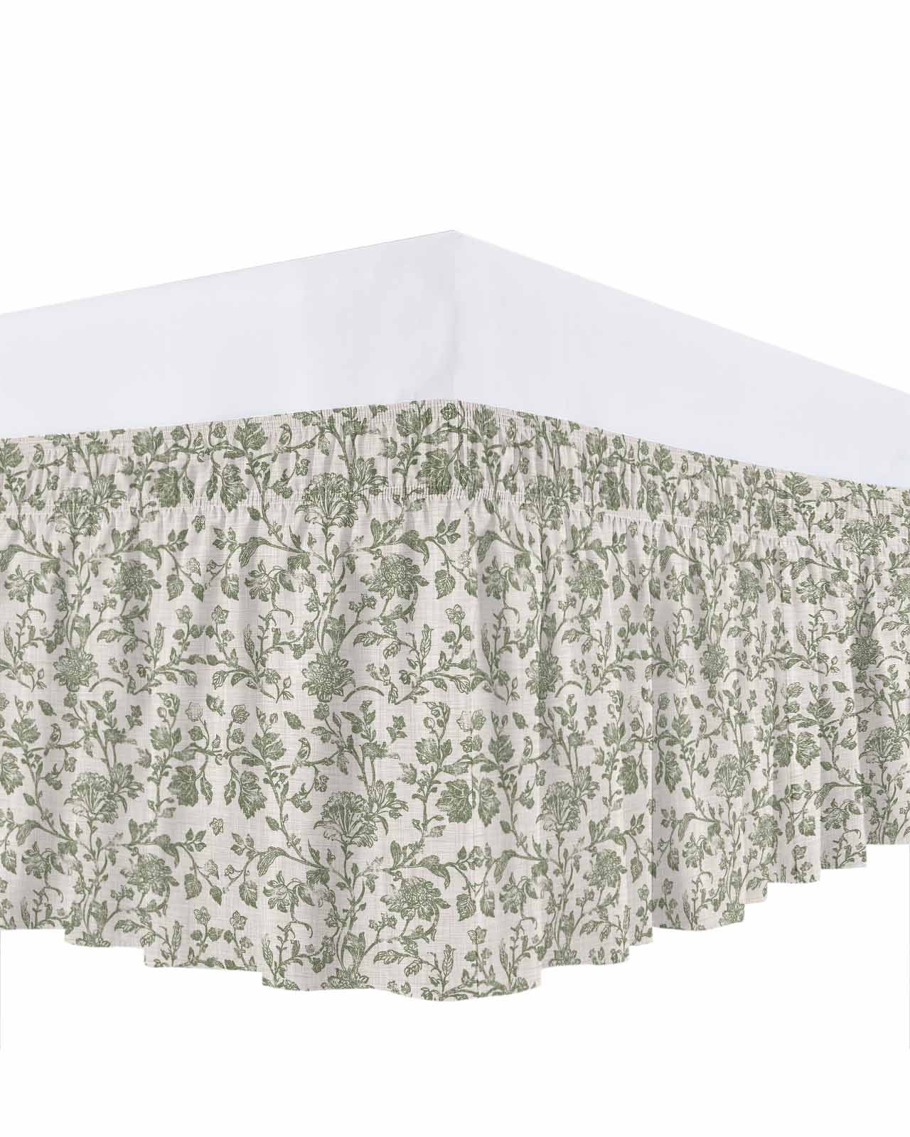 Pastoral Flowers Bed Skirt King Size 16" Drop Green Flower Vintage Linen Texture Ruffled Wrap Around Bed Skirts Adjustable Elastic Bedskirt Dust Ruffle for King Size Bed
