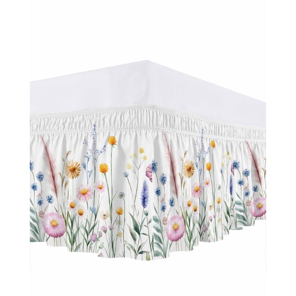 Pastoral Flowers Bed Skirt Queen Size 18" Drop Retro Wildflowers Plants Ruffled Wrap Around Bed Skirts Adjustable Elastic Bedskirt Dust Ruffle for Queen Size Bed