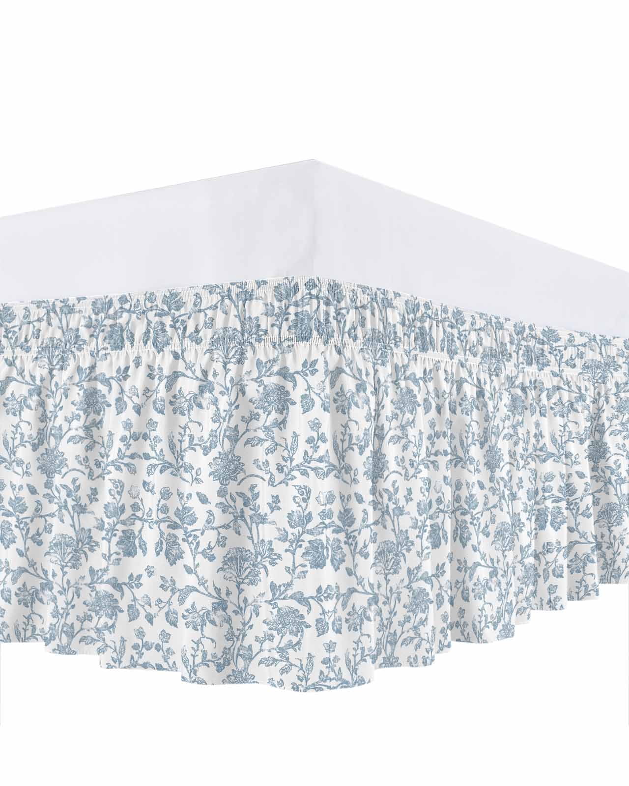 Pastoral Flowers Bed Skirt Queen Size 18 Inch Drop, Vintage Light Blue Flower Farmhouse Plant Adjustable Elastic Dust Ruffles Bedskirt for Queen Bed Wrap Around Pleated Mattress Frame Cover