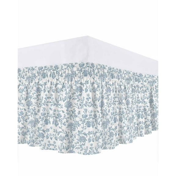 Pastoral Flowers Bed Skirt Vintage Light Blue Flower Farmhouse Plant Bed Skirts King Size 18 Inch Drop, Wrap Around Dust Ruffle Bedskirt with Adjustable Elastic Belt for Queen Size Beds