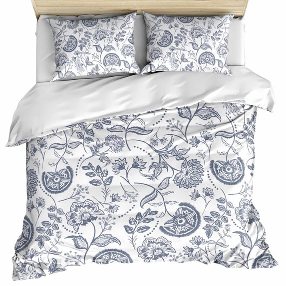 Pastoral Flowers Bedding 3 Piece Duvet Cover Set Twin Size, Vintage Haze Blue Farmhouse Plant Soft Microfiber Comforter Cover with Zipper Closure & Pillowcases, Wrinkle & FadeResistant Quilt Cover