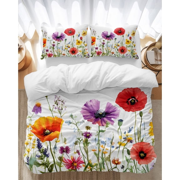 Pastoral Flowers Bedding Duvet Cover Set Full Size 4 Pieces Colorful Plants Floral Leaves Watercolor Bedding Set with Zipper Closure, 1 Comforter Cover 86x90 Inches 1 Flat Sheet & 2 Pillow Cases