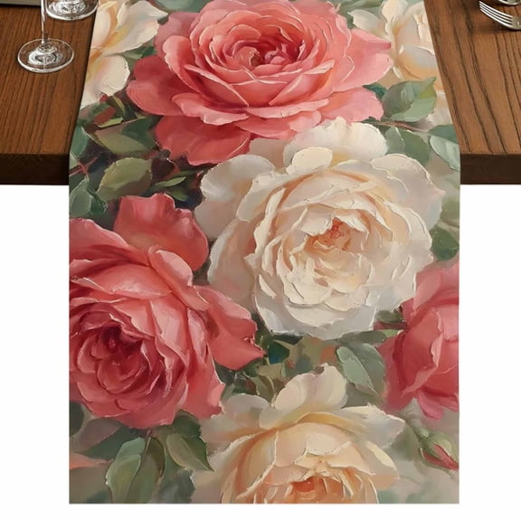 Pastoral Flowers Burlap Cotton Table Runner 13x36 Inches Short, Vintage Roses Romantic Spring Floral Farmhouse Table Runners, Outdoor Dining Table Decor for Baby Shower/Party/Wedding