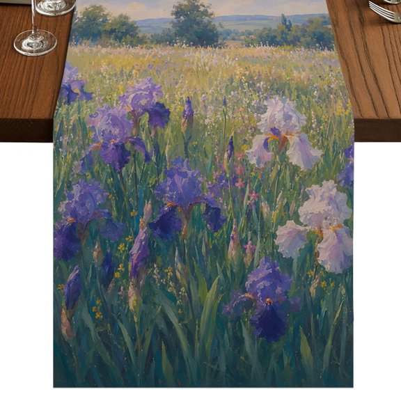 Pastoral Flowers Burlap Cotton Table Runner 13x60 Inches Long, Purple Spring Floral Wildflower Meadow Farmhouse Table Runners, Outdoor Dining Tablecloths Decor for Baby Shower/Party/Wedding