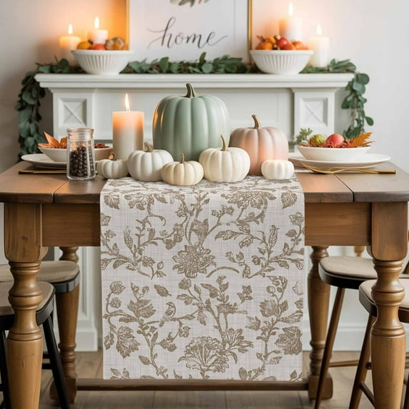 Pastoral Flowers Cotton Linen Table Runner, Washable Table Runners for Kitchen, Dining Room, Holiday, Home Party Table Decor, 13x72 Inches