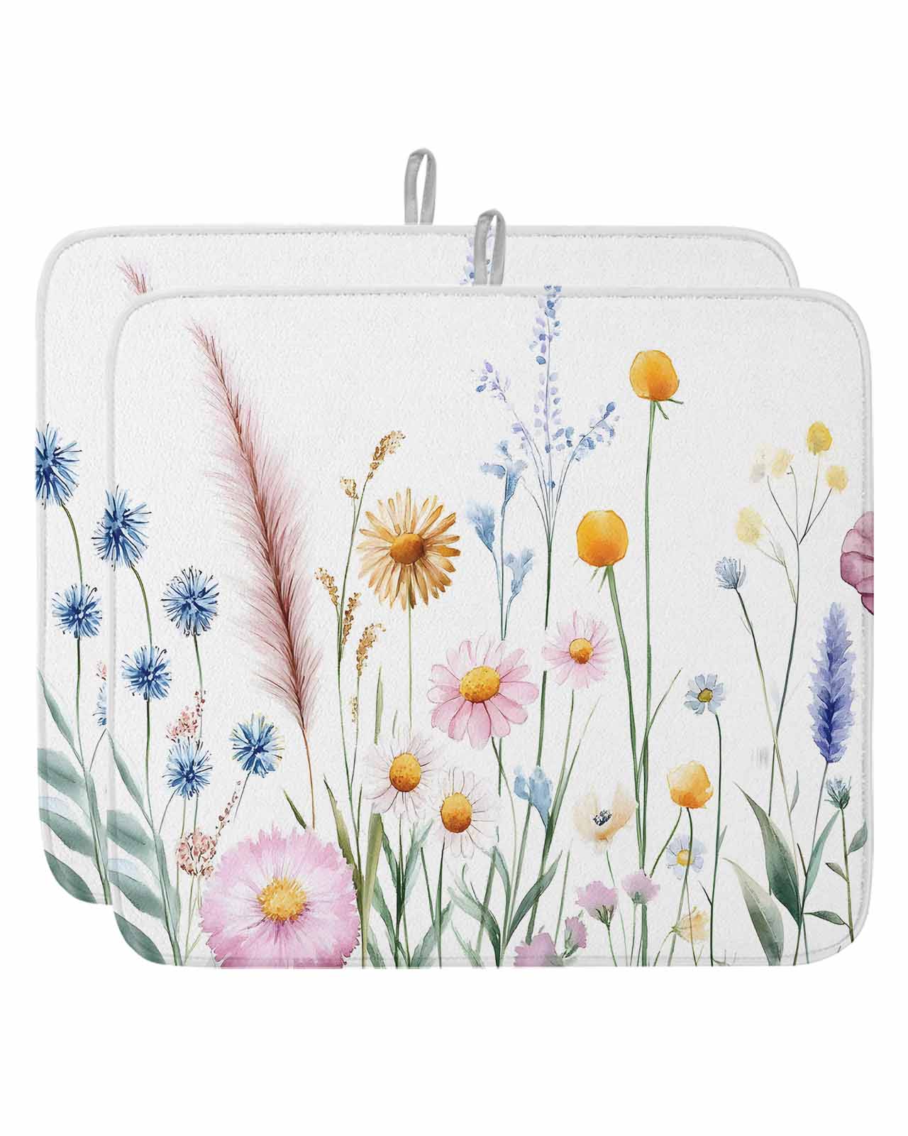 Pastoral Flowers Dish Drying Mat 16x18 inch Retro Wildflowers Plants ...