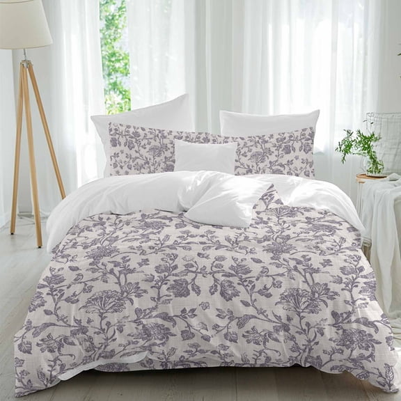 Pastoral Flowers Duvet Cover Set King Size, Lavender Flower Farm Vintage Linen Texture 4 Piece Soft Microfiber Bedding Set with 1 Duvet Cover, 1 Flat Sheet, 2 Pillowcases