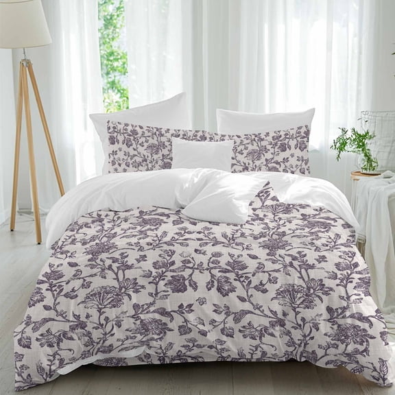 Pastoral Flowers Duvet Cover Set Queen Size, Grape Purple Flower Vintage Linen Texture 4 Piece Soft Microfiber Bedding Set with 1 Duvet Cover, 1 Flat Sheet, 2 Pillowcases