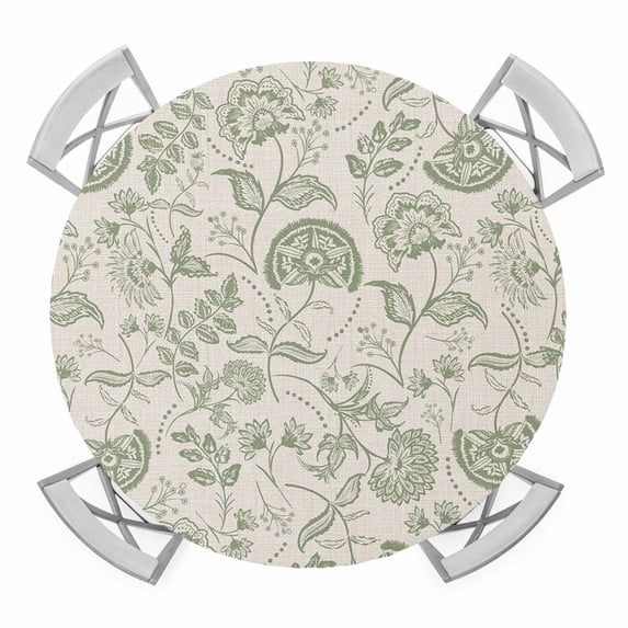Pastoral Flowers Green Elastic Fitted Round Table Cover Farmhouse Floral Waterproof Outdoor Tablecloth for Holiday Party, Picnic, Patio & Dining Fits Tables Up to 55"-60"
