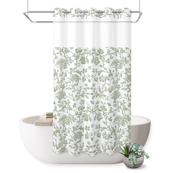 Pastoral Flowers No Hook Shower Curtain Light Green Flower Farmhouse Plant Shower Curtain with See Through Top Window, Waterproof Washable Fabric Curtain for Bathroom Hotel Decor, 36Wx72L