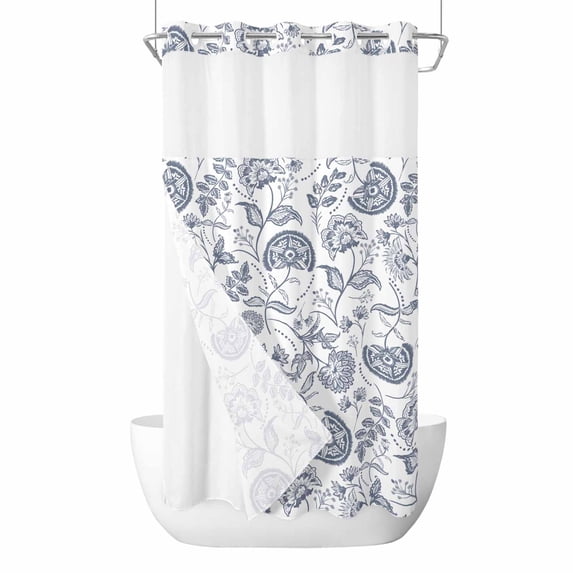 Pastoral Flowers No Hook Shower Curtain Waterproof, Bathroom Curtains with Snap in Liners and See Through Top Window, Vintage Haze Blue Farmhouse Plant Hotel Style Bathtub Curtains Shower 54"Wx78"L