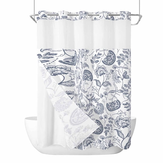 Pastoral Flowers No Hook Shower Curtain Waterproof, Bathroom Curtains with Snap in Liners and See Through Top Window, Vintage Haze Blue Farmhouse Plant Hotel Style Bathtub Curtains Shower 72"Wx84"L