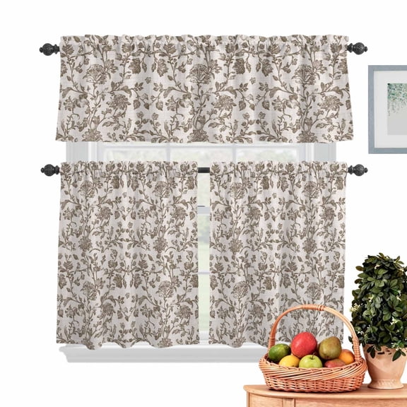Pastoral Flowers Kitchen Curtains Valances 3 Piece Set, Brown Flower Farm Vintage Linen Texture Rod Pocket Tier Curtain and Valance Drapes for Small Window 24 Inch Length for Bedroom Cafe