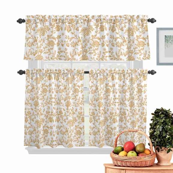 Pastoral Flowers Kitchen Curtains Valances 3 Piece Set, Vintage Ginger Flower Farmhouse Plant Rod Pocket Tier Curtain and Valance Drapes for Small Window 36 Inch Length for Bedroom Cafe