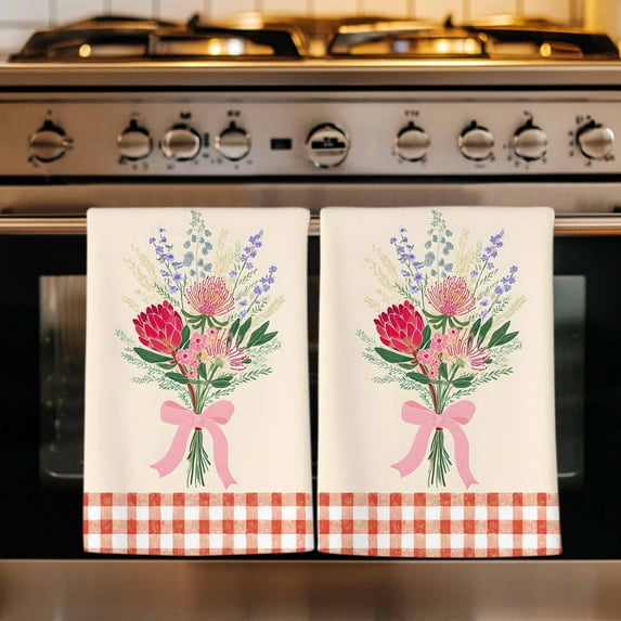 Pastoral Flowers Kitchen Towels Set of 2, Spring Red Pink Leaves Farmhouse Plaid Absorbent Dish Towels for Kitchen, Microfiber Hand Towel, Quick Drying Tea Towel for Cleaning Decorative Dishcloths