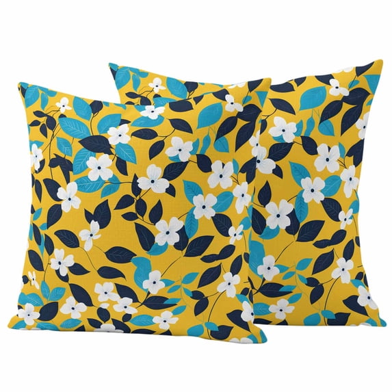 Pastoral Flowers Pillow Covers 2 Pack White Flowers Blue Leaf Yellow Back Pillowcase Waterproof Outdoor Throw Pillow Cover for Patio Garden Square Cushion 26”x26”