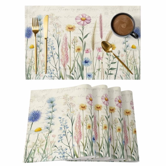 Pastoral Flowers Placemats Set of 8, Retro Bushes Wildflowers Plants Non-Slip Place Mats Washable Table Mats for Kitchen Dining Table Decorations Indoor/Outdoor