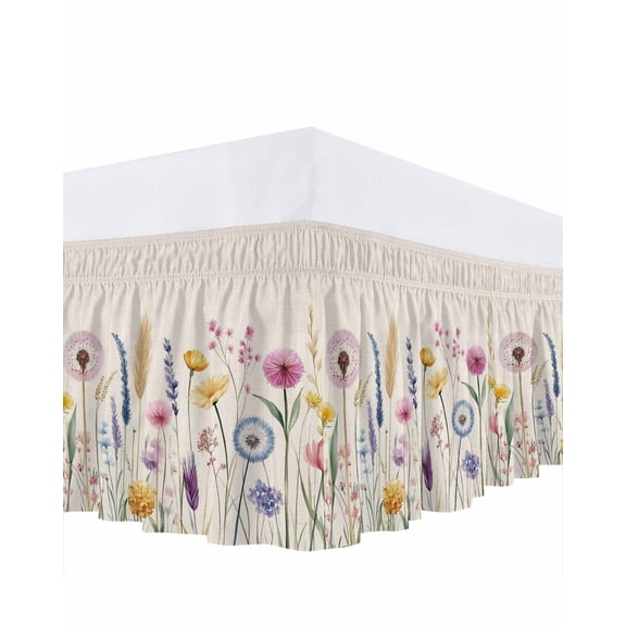 Pastoral Flowers Ruffle Bed Skirt California King Size Wildflowers Retro Plants Linen Texture Adjustable Elastic Dust Bed Skirts Wrap Around Bedskirt Wrinkle Free Easy Fit with 18 Inch Drop
