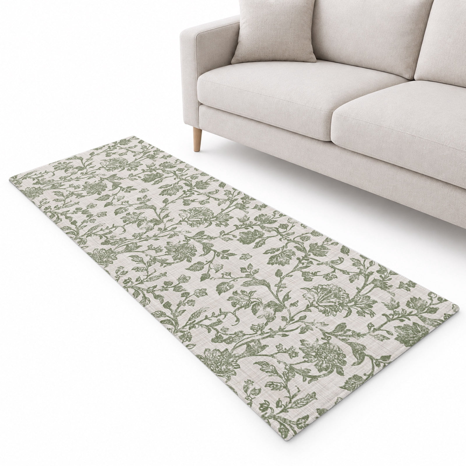 Pastoral Flowers Runner Rug 2'x6', Green Flower Vintage Linen Texture ...