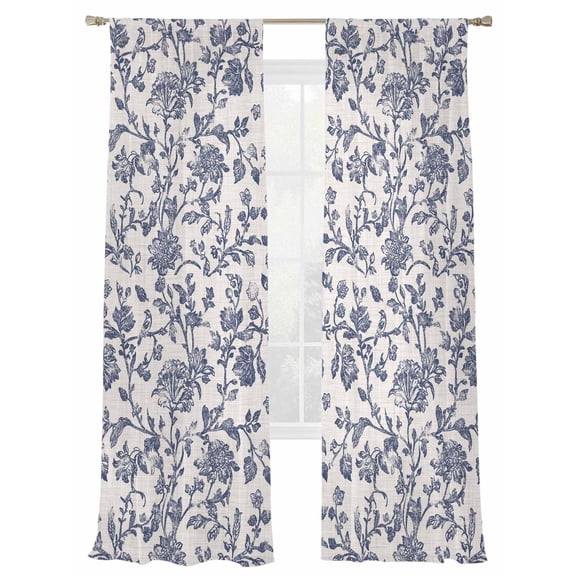 Pastoral Flowers Sheer Curtains 2 Panels Set Lake Blue Flower Vintage Linen Texture Sheer Window Curtains Light Filtering Rod Pocket Voile Drapes for Bedroom Living Room 52"X108"