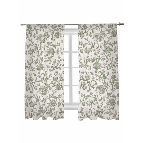 Pastoral Flowers Sheer Curtains 72 inches Long 2 Panels Set Green Flower Vintage Linen Texture Sheer Window Curtain Rod Pocket Voile Drapes for Living Room/Bedroom, Each 52" W x 72" L