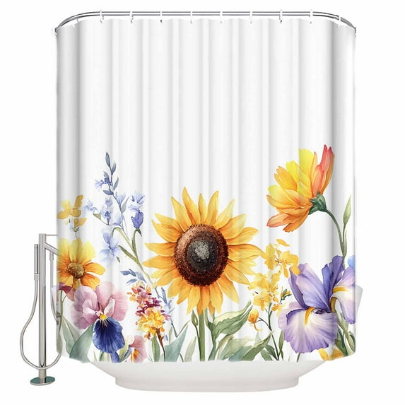 Pastoral Flowers Shower Curtain, 60" x 72", Summer Sunflower Plants Leaves Waterproof Bathroom Curtain Washable Shower Curtain Set with 12 Hooks