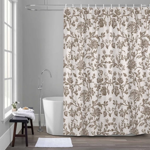 Pastoral Flowers Shower Curtain for Bathroom Decor, Brown Flower Farm Vintage Linen Texture Waterproof Fabric Shower Curtain, 54"x78" Set with 12 Hooks