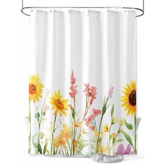 Pastoral Flowers Shower Curtain, Sunflower Plants Leaves Spring Waterproof Shower Curtain Set with 12 Hooks Lightweight Washable Fabric Shower Curtains for Bathroom 48x72 Inches