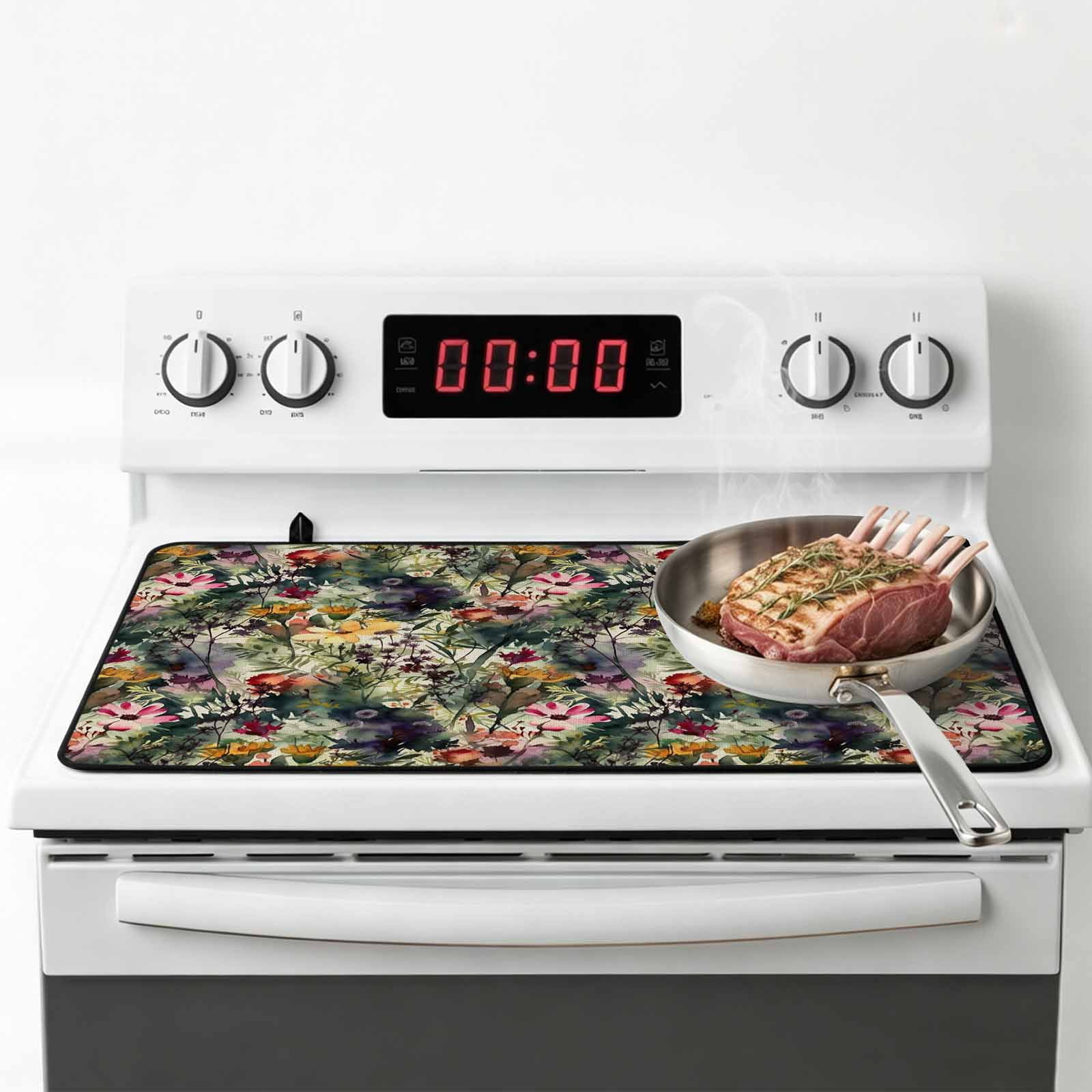 Pastoral Flowers Stove Top Cover for Electric Stove, Heat-proof & Non Slip Glass Top Stove Cover Protector, Spring Floral Watercolor Summer Botanical Kitchen Flat Cooktop Rubber Mat 24x21 Inches