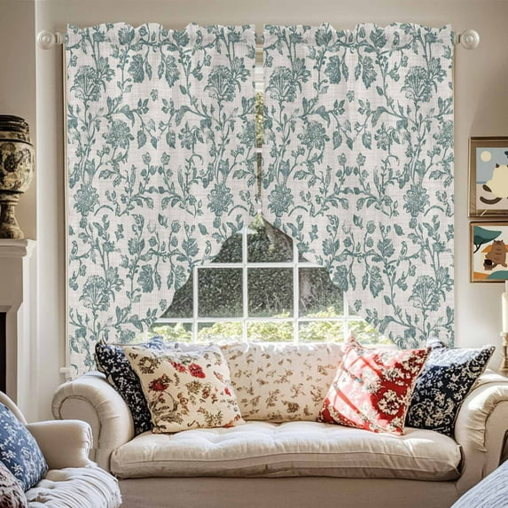 Pastoral Flowers Swag Curtain Valance for Windows, Green Flower Farm Vintage Linen Texture Window Treatments Short Swag Topper for Kitchen Windows Bathroom Bedroom, 28"x36"