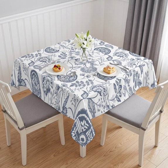 Pastoral Flowers Table Cloth Waterproof Tablecloths, Vintage Haze Blue Farmhouse Plant Tablecloth Dining Table Cover for Kitchen Party Tabletop Outdoor, Square Tablecloth 60x60 Inch