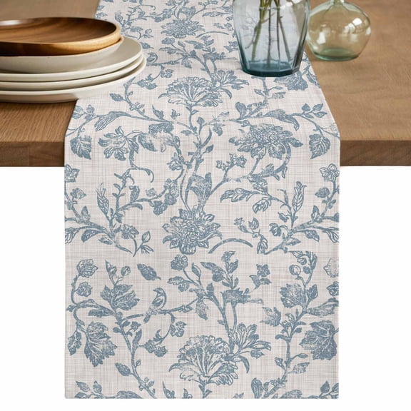 Pastoral Flowers Table Runner, Light Blue Flower Vintage Linen Texture Cotton Linen Kitchen Table Decoration Washable Dining Tabletop Runners for Home Party Decor 18x72 Inches
