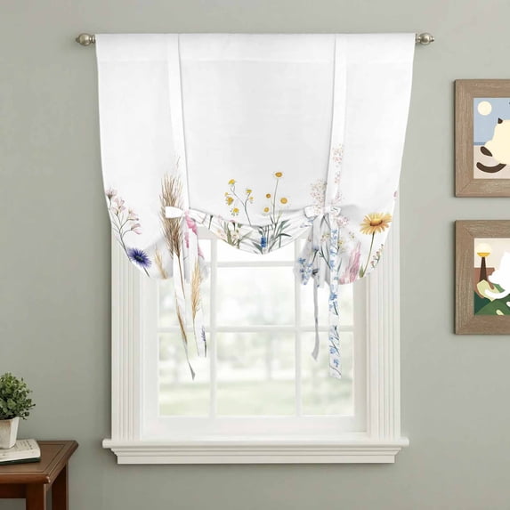 Pastoral Flowers Tie Up Curtain 63 Inches Long, Colorful Retro Wildflowers Plants Balloon Style Kitchen Window Curtain Over Sink, Small Window Rod Pocket Curtain 42"x63"