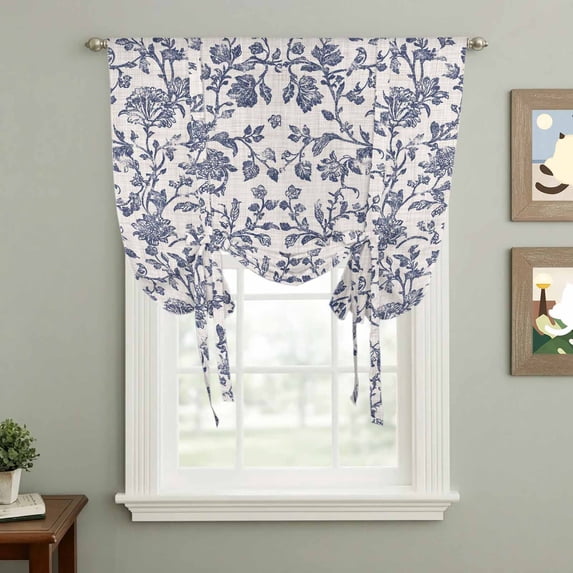 Pastoral Flowers Tie Up Curtain 63 Inches Long, Lake Blue Flower Vintage Linen Texture Balloon Style Kitchen Window Curtain Over Sink, Small Window Rod Pocket Curtain 46"x63"