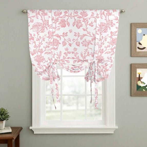 Pastoral Flowers Tie Up Curtain 63 Inches Long, Vintage Red Flower Farmhouse Plant Balloon Style Kitchen Window Curtain Over Sink, Small Window Rod Pocket Curtain 52"x63"