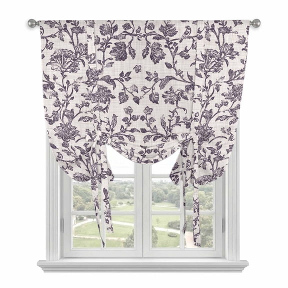 Pastoral Flowers Tie Up Curtains, Grape Purple Flower Vintage Linen Texture Adjustable Rod Pocket Balloon Curtains Light Blocking Window Treatment for Kitchen Living Room Bedroom, 34 × 45 In
