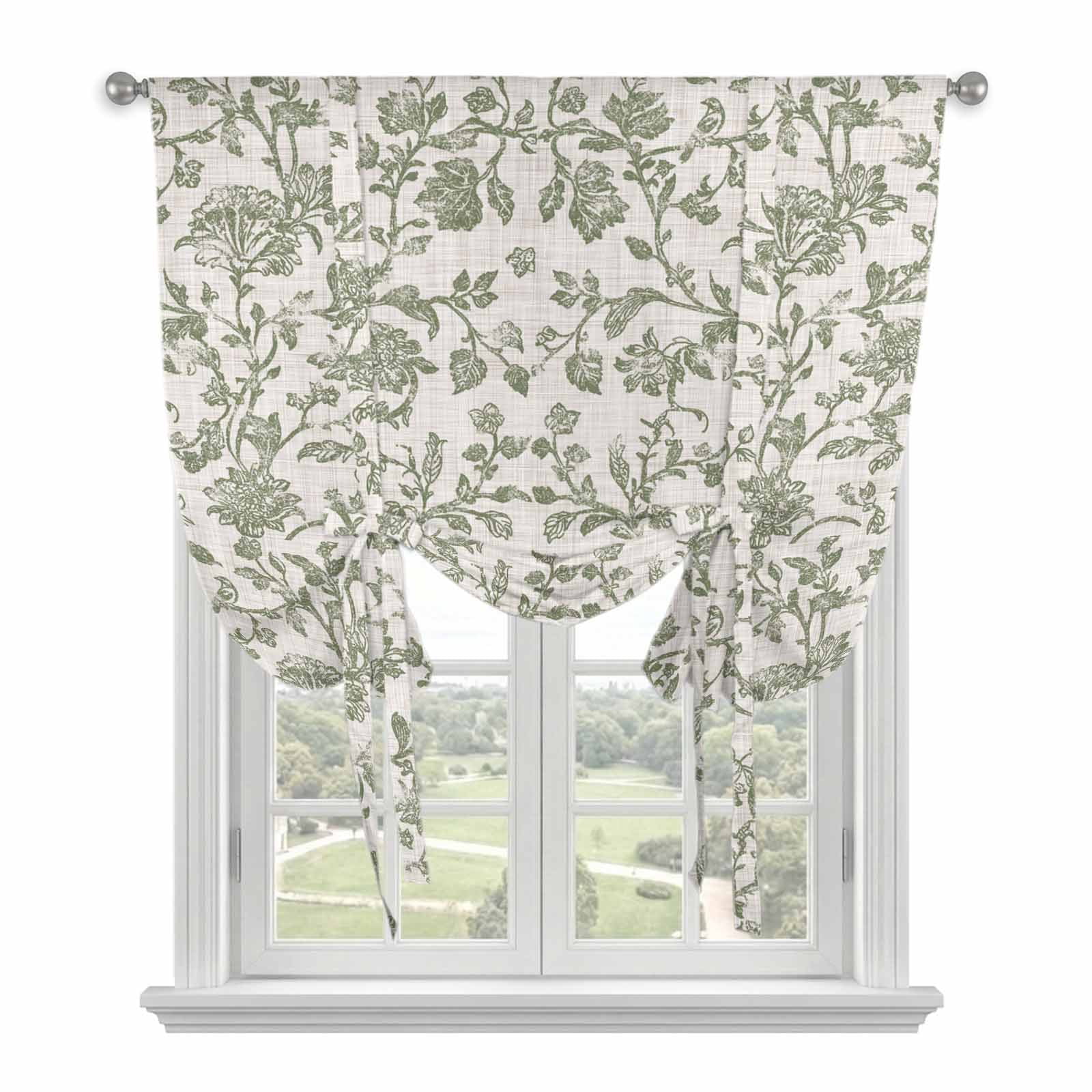 Pastoral Flowers Tie Up Curtains, Green Flower Vintage Linen Texture Adjustable Rod Pocket Balloon Curtains Light Blocking Window Treatment for Kitchen Living Room Bedroom, 34 × 45 In